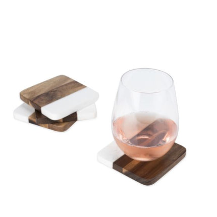 Marble & Acacia Coaster Set