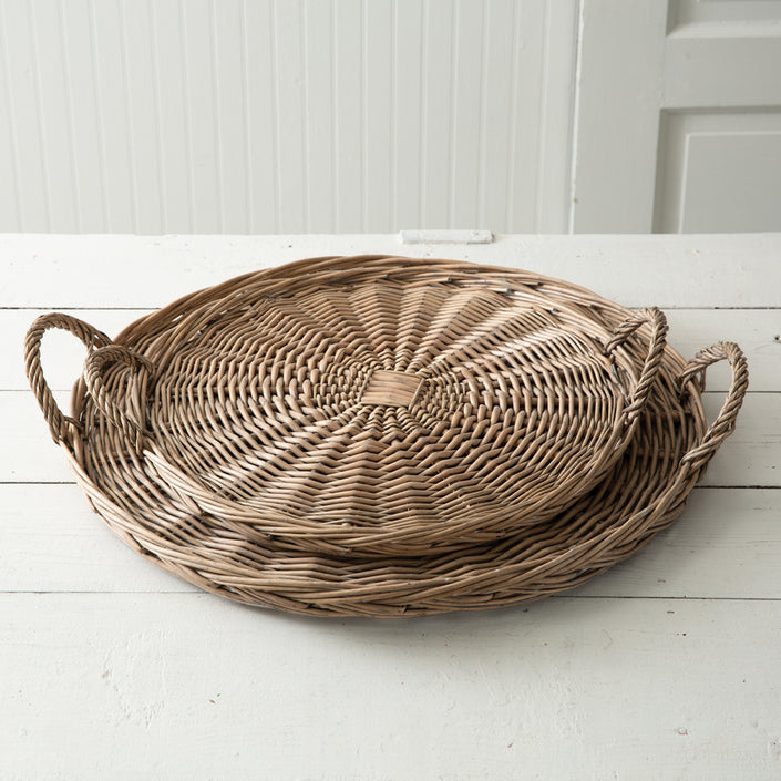 Set of Two Large Round Wicker Trays